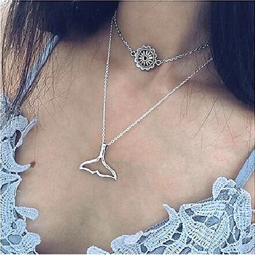 NEW Double Layered whale mermaid tail sun necklace